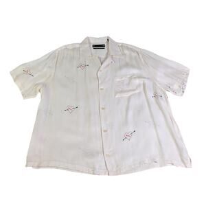 AllSaints Bow Shirt Mens XXL Ecru Heart Arrow Print Viscose Camp Collar